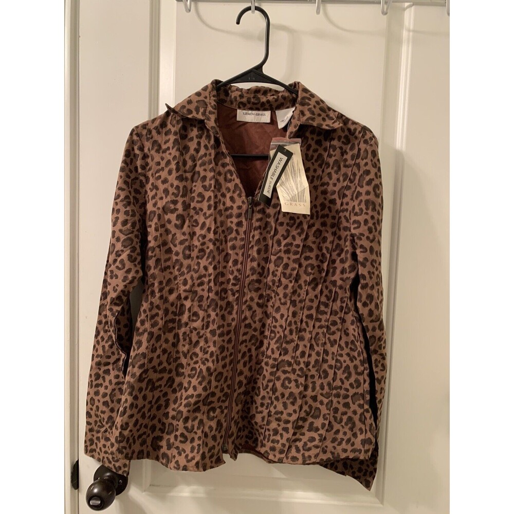 Lemon Grass Women's Leopard Animal Print Suede Full Zip Top Blouse Size Small